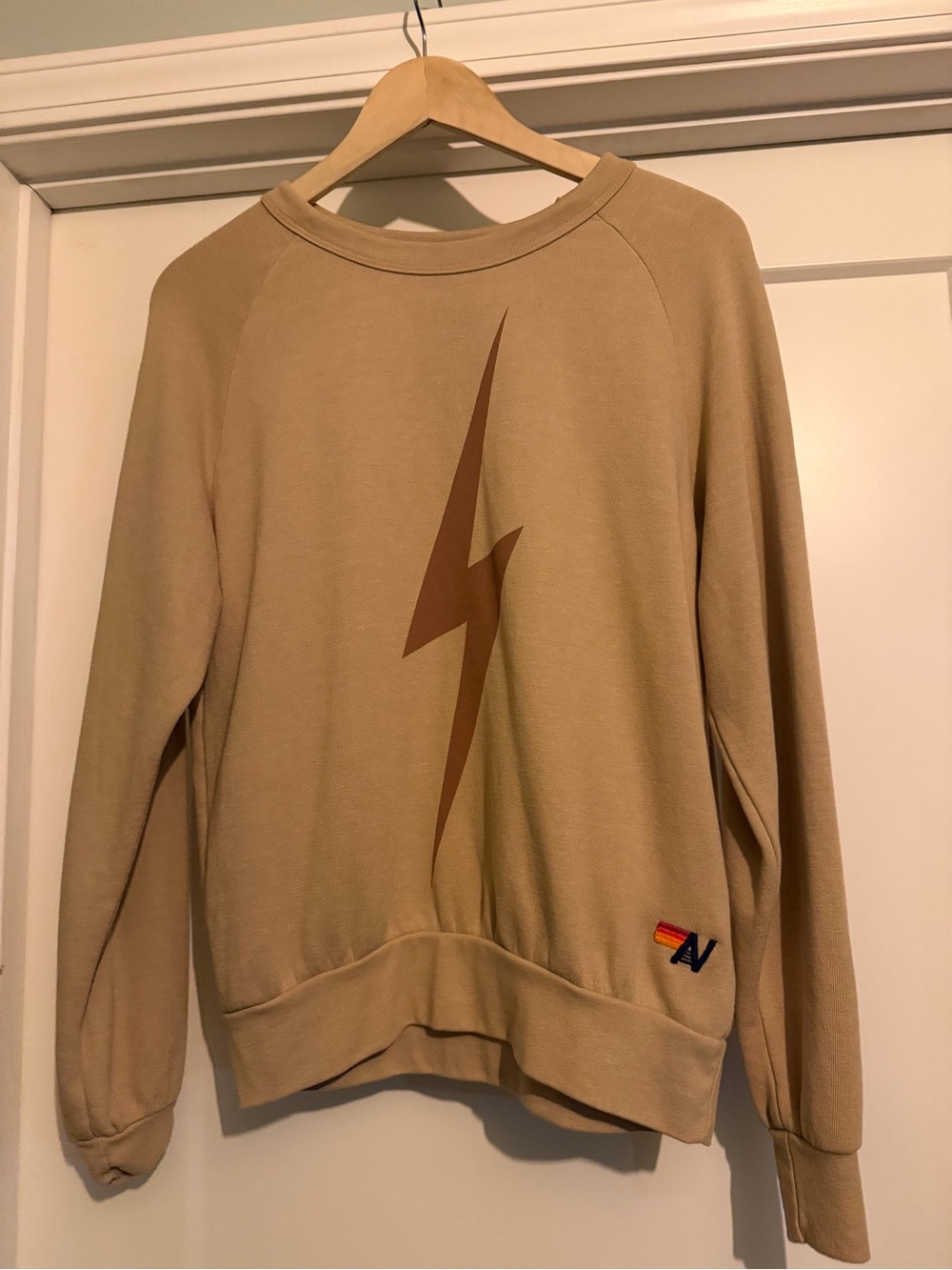 Aviator Nation Tan Crewneck XS with matching pant, Brown Lightning Bolt